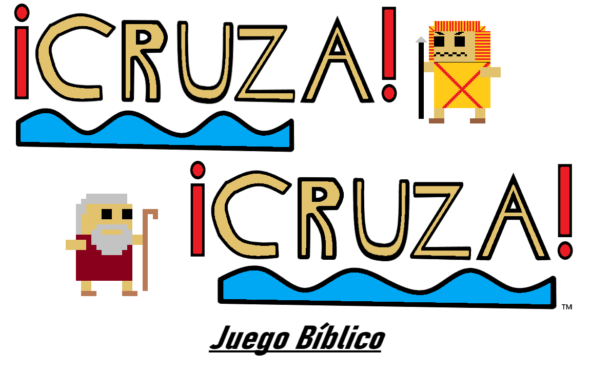 El logotipo de &iexcl;Cruza! &iexcl;Cruza! Juego B&iacute;blico, que muestra a Moisés a un lado con su legendario bastón y a un egipcio al otro lado con una expresión de enfado agresiva.