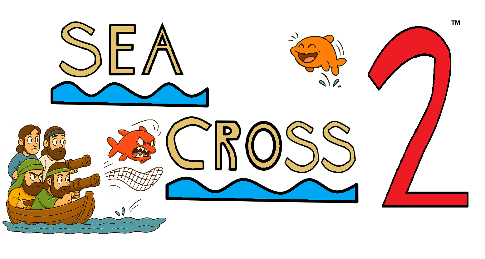 Logo for Sea Cross 2, a sequel to the video game that started the company. Depicts a few of Jesus' disciples with a net gun, attemptingi to shoot an aggressive red fish. An orange fish jumps out laughing out loud.